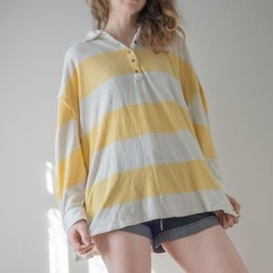 Boho Indie Free People Yellow White stripe Rugby Polo Oversized Womens Tee Shirt